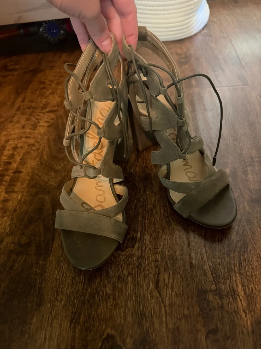 Sam Edelman Olive Suede Lace-Up Block Heels